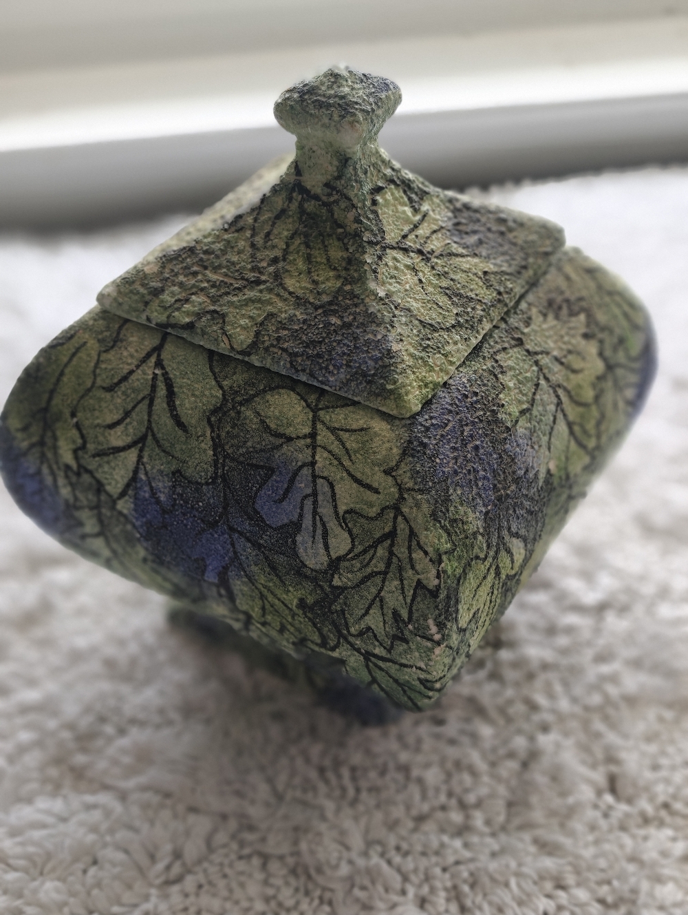 VTG Lidded Jar MCM Handmade 1963 Green Blue 8x6"